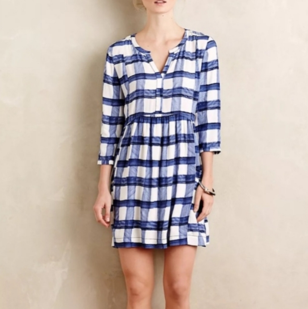 Anthropologie Maeve Devery Blue White Plaid Check Loose Fit 3/4 Sleeve <See Pic>